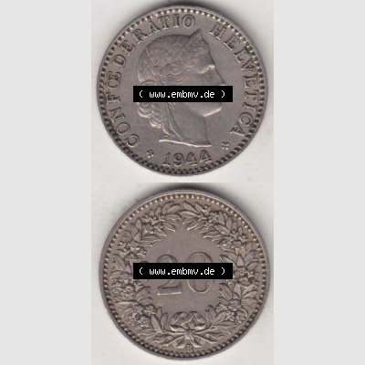 Münzen Schweiz 1939-Heute, 20 Rappen Münzzeichen / Mzz. B 1944 II., Münzen Vollansicht Horizontal als Bildmaterial im online Katalog und online Datenbank für... Sammlung