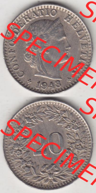 Münzen Schweiz 1939-Heuite, 20 Rappen Münzzeichen / Mzz. B 1943 II., Münzen Vollansicht Horizontal als Bildmaterial im online Katalog und online Datenbank für... Sammlung