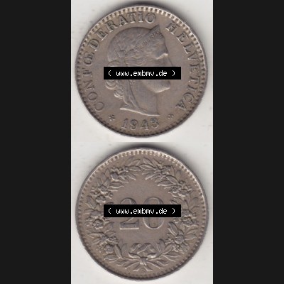 Münzen Schweiz 1939-Heuite, 20 Rappen Münzzeichen / Mzz. B 1943 I., Münzen Vollansicht Horizontal als Bildmaterial im online Katalog und online Datenbank für... Sammlung