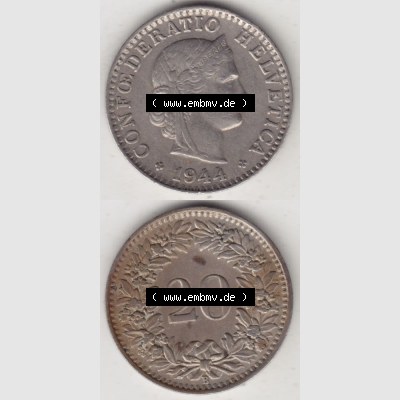 Münzen Schweiz 1939-Heute, 20 Rappen Münzzeichen / Mzz. B 1944 IV., Münzen Vollansicht Vertikal als Bildmaterial im online Katalog und online Datenbank für... Sammlung
