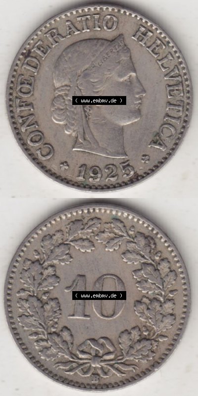 Münzen Schweiz 1919-1931, 10 Rappen B 1925 II., Münzen Vollansicht Vertikal als Bildmaterial für Mobile-Geräte Sammlung