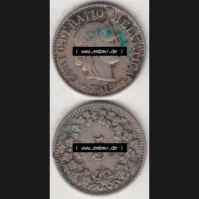 Münzen Schweiz 1879-1917, 5 Rappen Mzz. B 1915, Münzen Vollansicht Vertikal als Bildmaterial im online Katalog und online Datenbank für Sammler von Schweizer Münzen... Sammlung