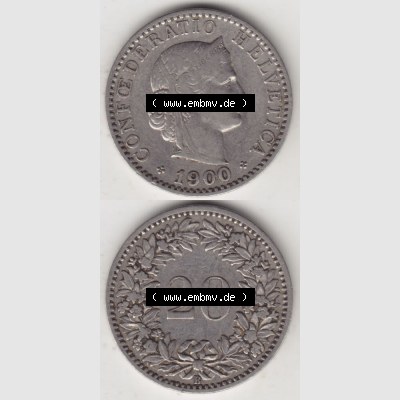 Münzen Schweiz 1881-1938, 20 Rappen Münzzeichen / Mzz. B 1900, Münzen Vollansicht Vertikal als Bildmaterial im online Katalog und online Datenbank für Sammler... Sammlung