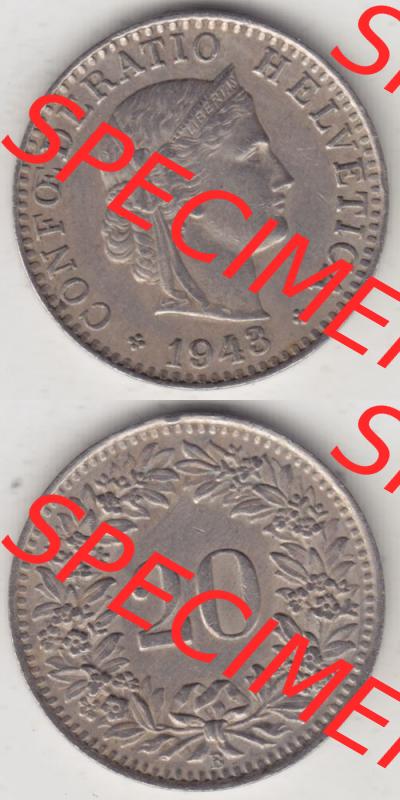 Münzen Schweiz 1939-Heute, 20 Rappen Münzzeichen / Mzz. B 1943 II., Münzen Vollansicht Horizontal als Bildmaterial im online Katalog und online Datenbank für... Sammlung