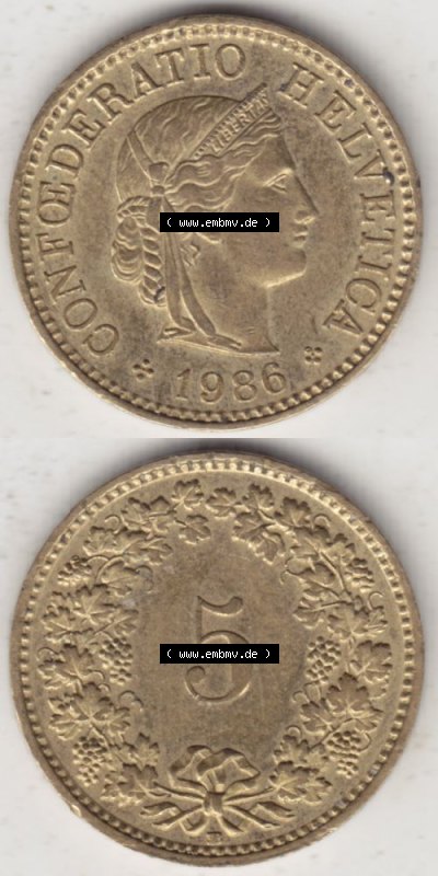 Münzen Schweiz 1979-Heute, 5 Rappen Mzz. B 1986 I., Münzen Vollansicht Vertikal als Bildmaterial im online Katalog und online... Sammlung