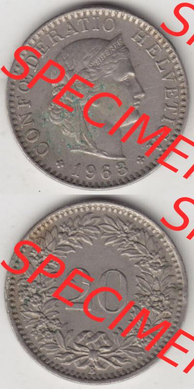 Münzen Schweiz 1939-2018, 20 Rappen Münzzeichen / Mzz. B 1963 IV., Münzen Vollansicht Vertikal als Bildmaterial im online Katalog und online Datenbank für... Sammlung