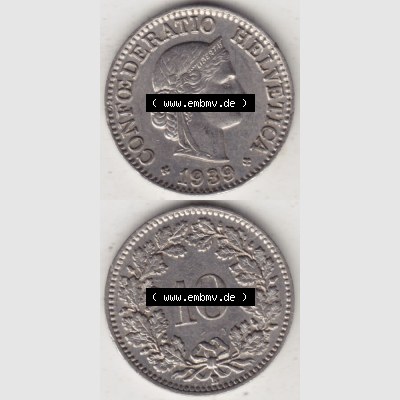 Münzen Schweiz 1932-1939, 10 Rappen B 1939 II., Münzen Vollansicht Vertikal als Bildmaterial für Mobile-Geräte Sammlung