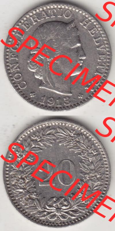 Münzen Schweiz 1881-1938, 20 Rappen Münzzeichen / Mzz. B 1913, Münzen Vollansicht Vertikal als Bildmaterial im online Katalog und online Datenbank für Sammler... Sammlung