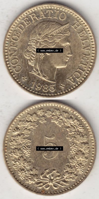 Münzen Schweiz 1979-Heute, 5 Rappen Mzz. B 1985, Münzen Vollansicht Vertikal als Bildmaterial im online Katalog und online Datenbank... Sammlung