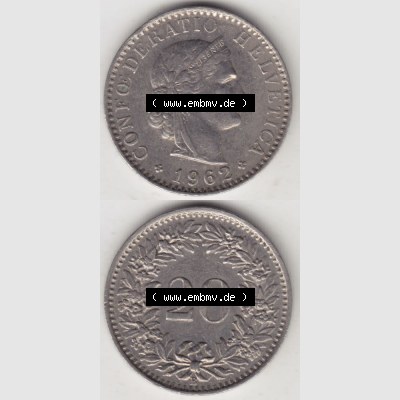 Münzen Schweiz 1939-2018, 20 Rappen Münzzeichen / Mzz. B 1962 II., Münzen Vollansicht Vertikal als Bildmaterial im online Katalog und online Datenbank für... Sammlung