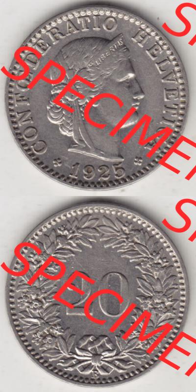 Münzen Schweiz 1881-1938, 20 Rappen Münzzeichen / Mzz. B 1925, Münzen Vollansicht Vertikal als Bildmaterial im online Katalog und online Datenbank für Sammler... Sammlung