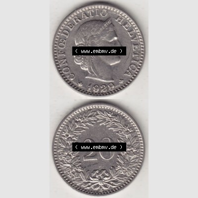 Münzen Schweiz 1881-1938, 20 Rappen Münzzeichen / Mzz. B 1929, Münzen Vollansicht Vertikal als Bildmaterial im online Katalog und online Datenbank für Sammler... Sammlung