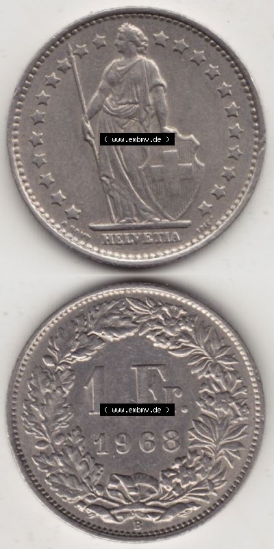 Münzen Schweiz 1968-1982, 1 Franken mit Münzzeichen / Mzz. B 1968 I., Münzen Vollansicht Vertikal als Bildmaterial im online... Sammlung