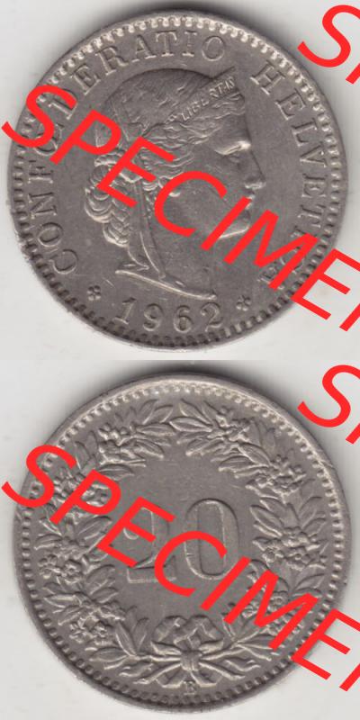 Münzen Schweiz 1939-2018, 20 Rappen Münzzeichen / Mzz. B 1962 I., Münzen Vollansicht Vertikal als Bildmaterial im online Katalog und online Datenbank für... Sammlung