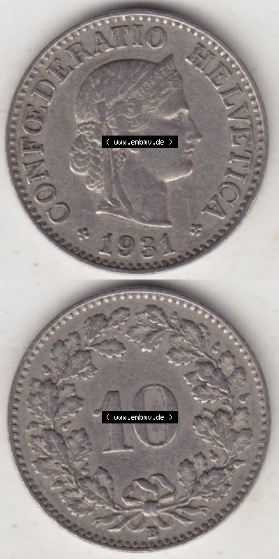 Münzen Schweiz 1919-1931, 10 Rappen B 1931, Münzen Vollansicht Vertikal als Bildmaterial für Mobile-Geräte Sammlung