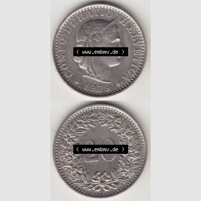 Münzen Schweiz 1939-2018, 20 Rappen Münzzeichen / Mzz. B 1979, Münzen Vollansicht Vertikal als Bildmaterial im online Katalog und online Datenbank für Sammler... Sammlung
