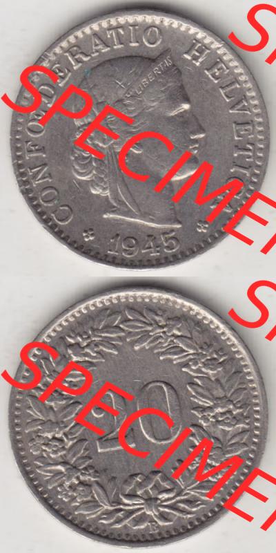 Münzen Schweiz 1939-Heute, 20 Rappen Münzzeichen / Mzz. B 1945, Münzen Vollansicht Vertikal als Bildmaterial im online Katalog und online Datenbank für Sammler... Sammlung