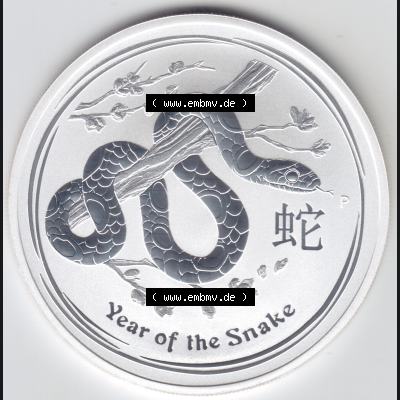 Silbermünzen Australien Lunar II. Chinesische Tierkreiszeichen 2013, 1 Unze Schlange. Vorderseite der Silbermünze Lunar-Serie aus Australien hier im online Katalog und Datenbank... Sammlung