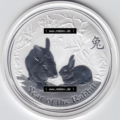 Silbermünzen Australien Lunar II. Chinesische Tierkreiszeichen 2011, 1 Unze Hasen. Vorderseite der Silbermünze Lunar-Serie aus Australien hier im online Katalog und Datenbank... Sammlung