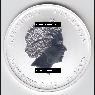 Silbermünzen Australien Lunar II. Chinesische Tierkreiszeichen 2012, Farbe halbe Unze Drache. Rückseite der Silbermünze Lunar-Serie aus Australien hier im online Katalog... Sammlung