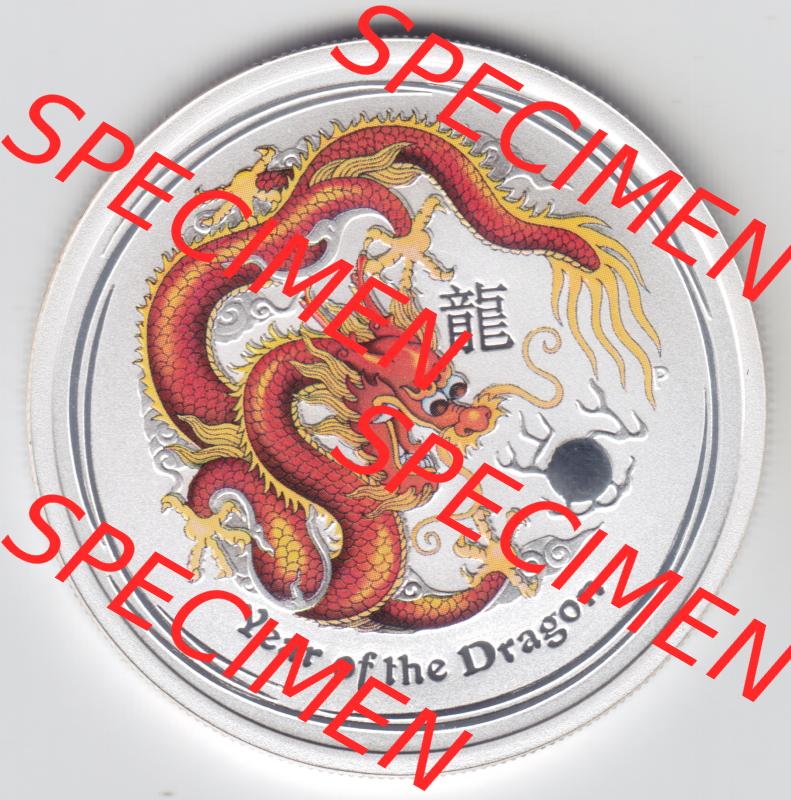 Silbermünzen Australien Lunar II. Chinesische Tierkreiszeichen 2012, Farbe halbe Unze Drache. Vorderseite der Silbermünze Lunar-Serie aus Australien hier im online Katalog... Sammlung