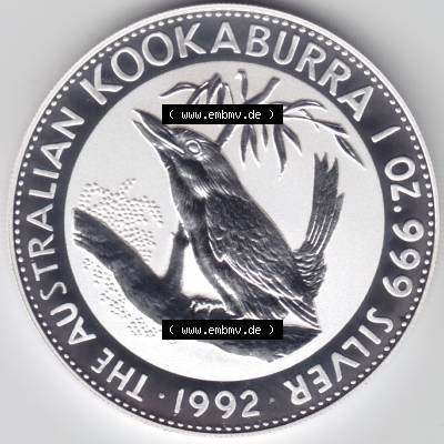 Silbermünzen Australien Kookaburra 1 Unze 1992. Vorderseite der Silbermünze Kookaburra / Eisvogel aus Australien hier im online Katalog und Datenbank zum verwalten und katalogisieren... Sammlung