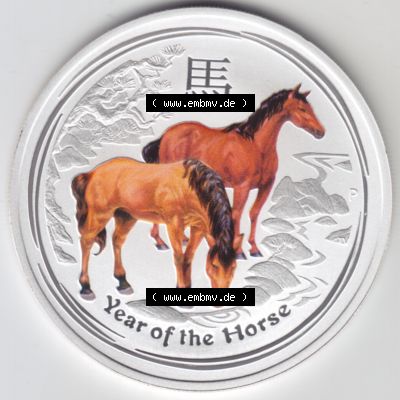 Silbermünzen Australien Lunar II. Chinesische Tierkreiszeichen 2014, Farbe 1 Unze Pferd. Vorderseite der Silbermünze Lunar-Serie aus Australien hier im online Katalog und... Sammlung