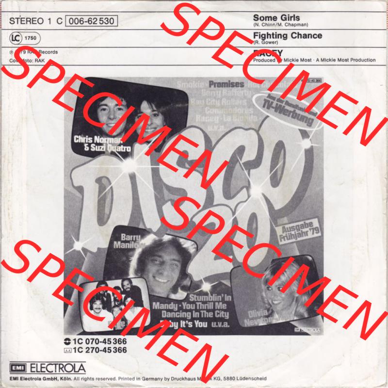 BRD, Rock & Pop (Singles) Electrola Records 1979, Racey mit Some Girls, Figthing Chance und Racey. Die Vinyl Single Schallplatten wurden hier im online Katalog als... Sammlung
