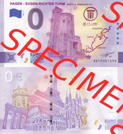 0-Euro Souvenirscheine Deutschland 2022 (Stück 14), XETF, Hagen - Eugen-Richter-Turm, 3 Türme Premium - Wanderweg (3) Sammlung