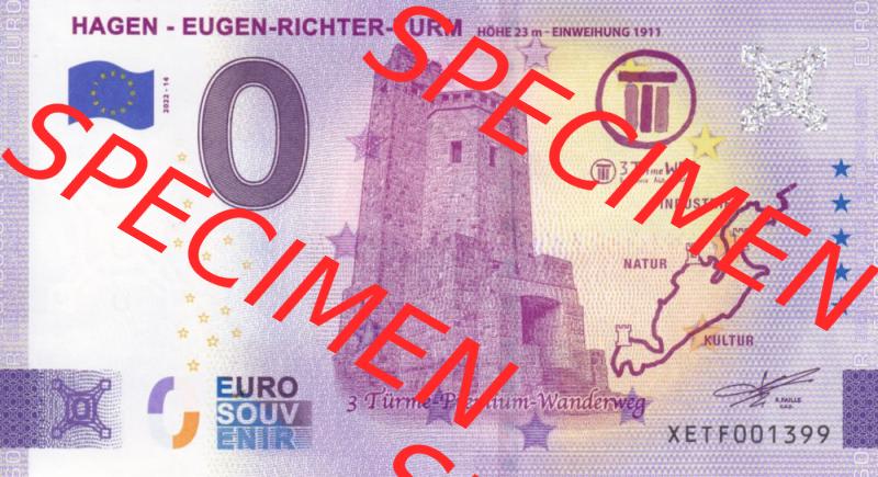 0-Euro Souvenirscheine Deutschland 2022-14, XETF, Hagen - Eugen-Richter-Turm, 3 Türme Premium - Wanderweg (1) Sammlung