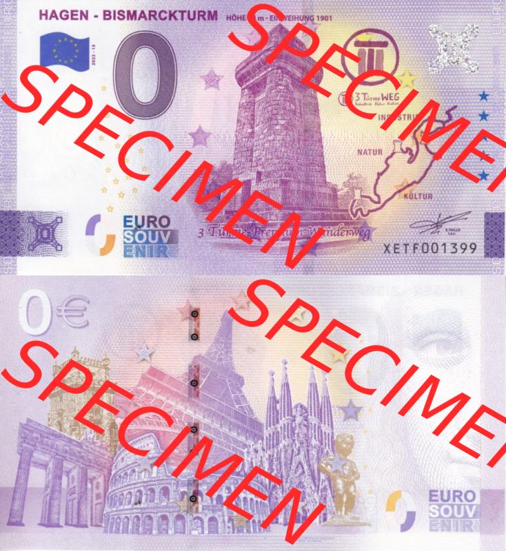 0-Euro Souvenirscheine Deutschland 2022-13, XETF, Hagen - Bismarkturm, 3 Türme Premium - Wanderweg (5) Sammlung