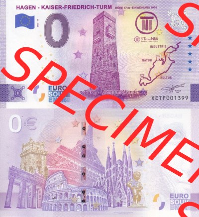 0-Euro Souvenirscheine Deutschland 2022 (Stück 15), XETF, Hagen - Kaiser - Friedrich - Turm, 3 Türme Premium - Wanderweg (3) Sammlung
