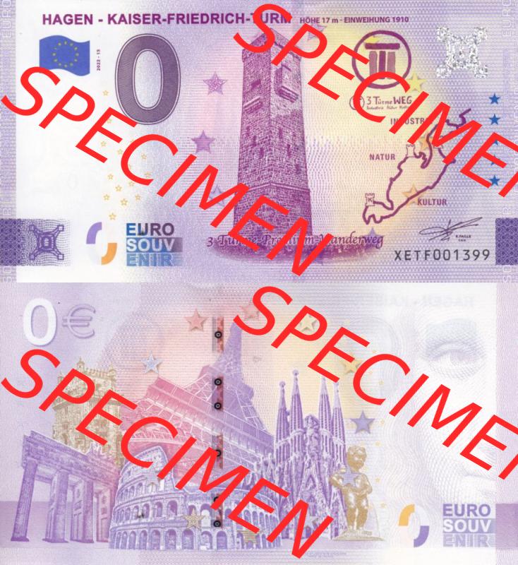 0-Euro Souvenirscheine Deutschland 2022-15, XETF, Hagen - Kaiser - Friedrich - Turm, 3 Türme Premium - Wanderweg (3) Sammlung