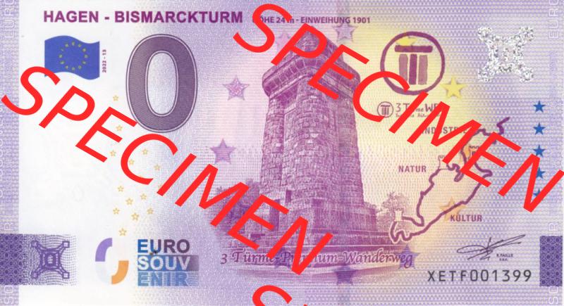 0-Euro Souvenirscheine Deutschland 2022-13, XETF, Hagen - Bismarkturm, 3 Türme Premium - Wanderweg (1) Sammlung