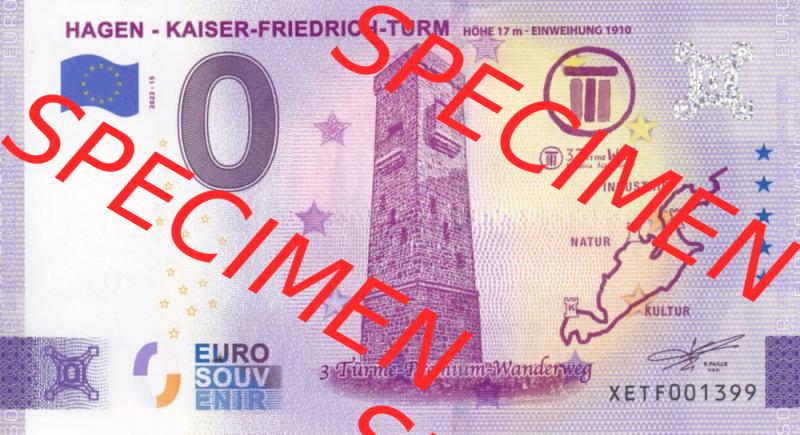 0-Euro Souvenirscheine Deutschland 2022-15, XETF, Hagen - Kaiser - Friedrich - Turm, 3 Türme Premium - Wanderweg (1) Sammlung