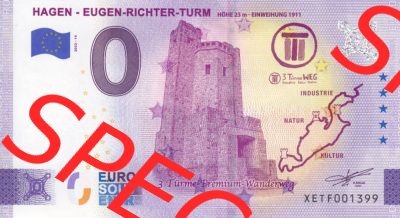 0-Euro Souvenirscheine Deutschland 2022 (Stück 14), XETF, Hagen - Eugen-Richter-Turm, 3 Türme Premium - Wanderweg (1) Sammlung