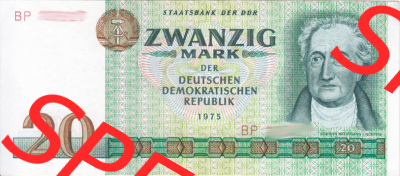 Banknote DDR 1975, 20 Mark. Vorderseite der DDR-Banknoten aus Komplettsatz der DDR-Banknoten im online Katalog auf EMBMV zum katalogisieren... Sammlung