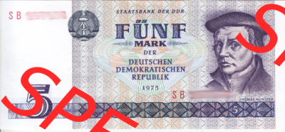 Banknote DDR 1975, 5 Mark. Vorderseite der DDR-Banknoten aus Komplettsatz der DDR-Banknoten im online Katalog auf EMBMV zum katalogisieren... Sammlung