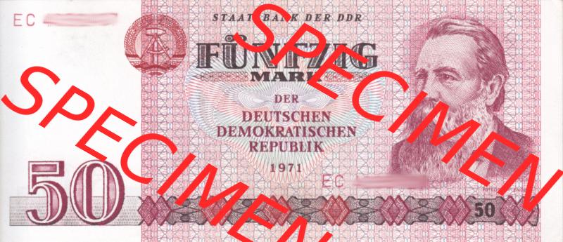 Banknote DDR 1971, 50 Mark. Vorderseite der DDR-Banknoten aus Komplettsatz der DDR-Banknoten im online Katalog auf EMBMV zum katalogisieren und kategorisieren. Sammlung