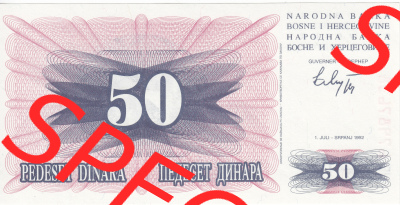 Banknoten Bosnien und Herzegowina 1992, 50 Dinara Pedeset. Vorderseite auf einen Digitalen Bild der Bosnien und Herzegowina-Banknoten... Sammlung