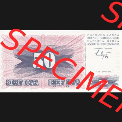 Banknoten Bosnien und Herzegowina 1992, 50 Dinara Pedeset. Vorderseite auf einen Digitalen Bild der Bosnien und Herzegowina-Banknoten aus Satz der Bosnien und Herzegowina-Banknoten im online... Sammlung