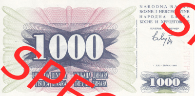 Banknoten Bosnien und Herzegowina 1992, 1000 Dinara Hiljada Tisuca. Vorderseite auf einen Digitalen Bild der Bosnien und Herzegowina-Banknoten... Sammlung
