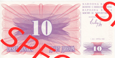 Banknoten Bosnien und Herzegowina 1992, 10 Dinara Deset. Vorderseite auf einen Digitalen Bild der Bosnien und Herzegowina-Banknoten... Sammlung