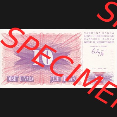 Banknoten Bosnien und Herzegowina 1992, 10 Dinara Deset. Vorderseite auf einen Digitalen Bild der Bosnien und Herzegowina-Banknoten aus Satz der Bosnien und Herzegowina-Banknoten im online... Sammlung