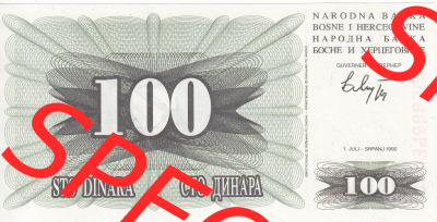 Banknoten Bosnien und Herzegowina 1992, 100 Dinara Sto. Vorderseite auf einen Digitalen Bild der Bosnien und Herzegowina-Banknoten... Sammlung