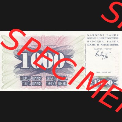 Banknoten Bosnien und Herzegowina 1992, 1000 Dinara Hiljada Tisuca. Vorderseite auf einen Digitalen Bild der Bosnien und Herzegowina-Banknoten aus Satz der Bosnien und Herzegowina-Banknoten... Sammlung