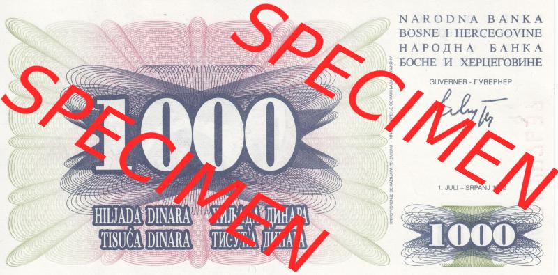 Banknoten Bosnien und Herzegowina 1992, 1000 Dinara Hiljada Tisuca. Vorderseite auf einen Digitalen Bild der Bosnien und Herzegowina-Banknoten aus Satz der Bosnien und Herzegowina-Banknoten... Sammlung
