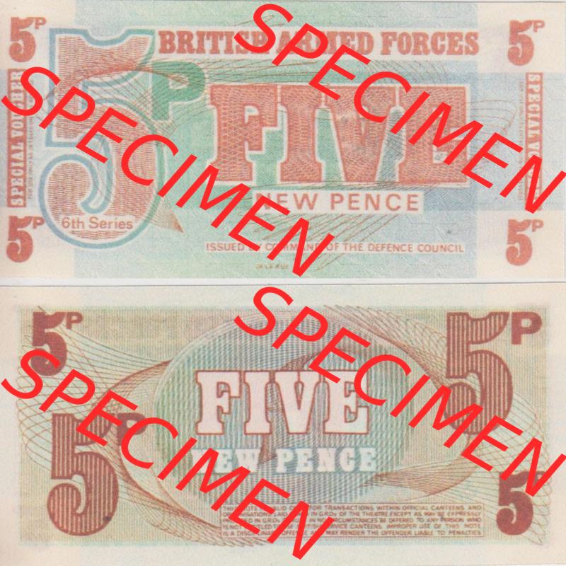 Banknoten Britisches Militär 1972-1972, 5 New Pence BWC. Vorderseite und Rückseite auf einen Digitalen Bild der Banknoten vom Britisches Militär 1972. Banknoten aus Satz... Sammlung