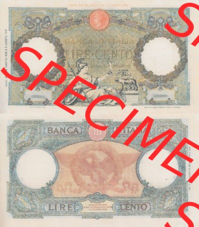 Banknoten Italien 1943-1943, Lire Cento, 100 Lire. Vorderseite und Rückseite auf einen Digitalen Bild der Banknoten von Italien... Sammlung