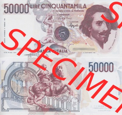 Banknoten Italien 1984-1984, 50000 Lire II.. Vorderseite und Rückseite auf einen Digitalen Bild der Banknoten von Italien 1982-1997,... Sammlung